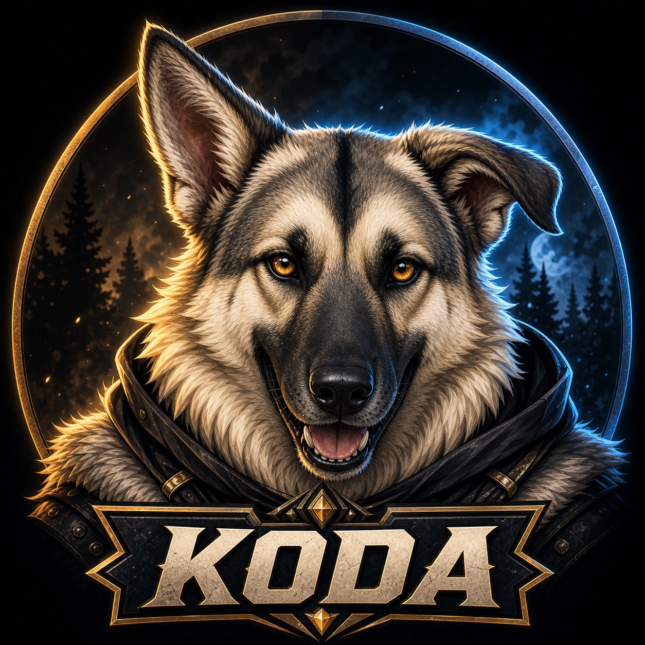 Wolf mascot avatar inspired by a cream and charcoal dog reference photo, with a KODA nameplate.