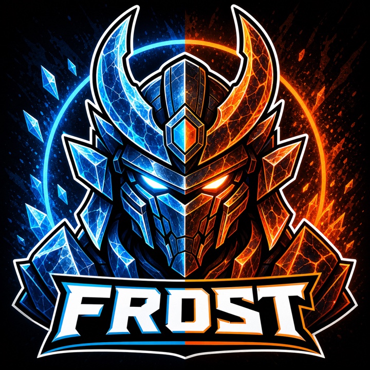 Finished ice and lava mech samurai mascot avatar labeled FROST.